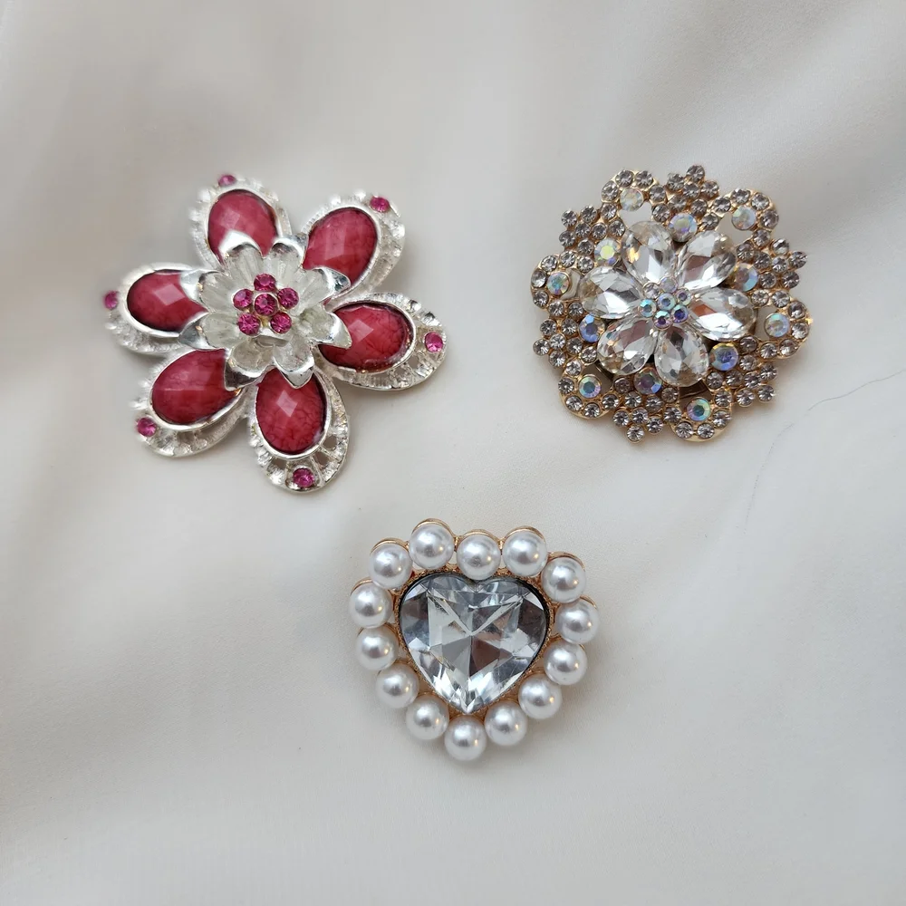 3 DIY Floral & Heart Brooch Set Silver Pink Gold AB Faux Pearl